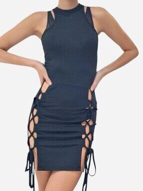CBR Black Cut out Lace Up Thigh Detail Mini Dress Size Small